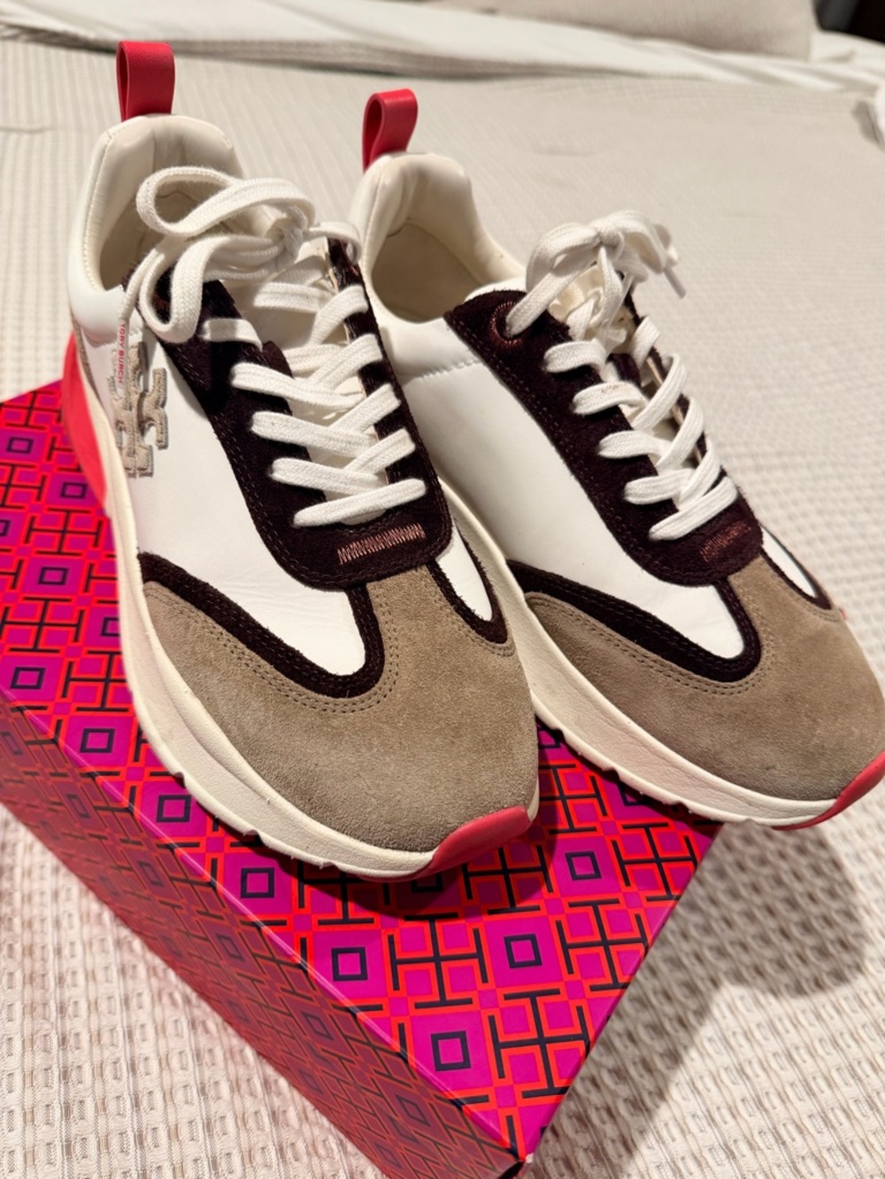 Tory Burch White, Beige, Brown & Pink Leather Suede Sneakers